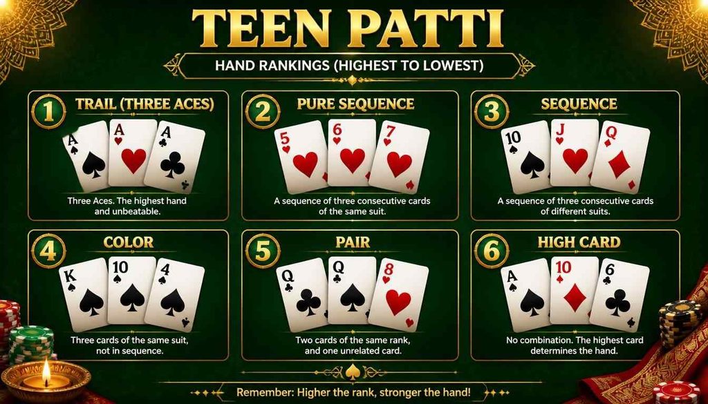 Teen Patti hand rankings from Trail to High Card with card examples