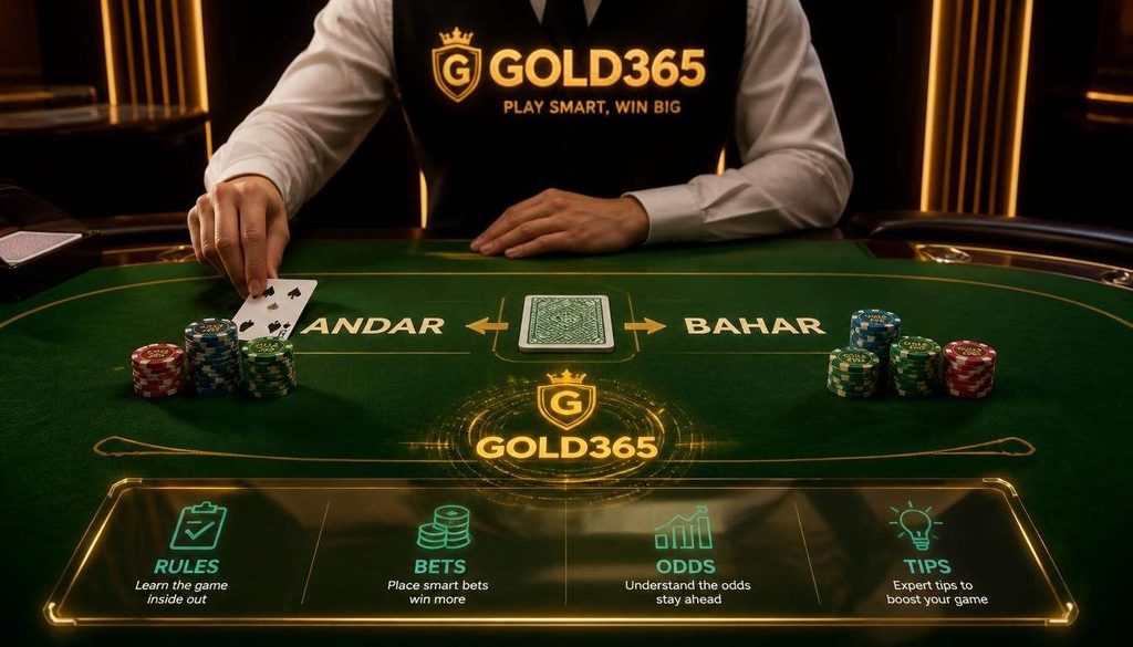 Andar Bahar game rules, bets, odds, and tips on green casino table with Gold365 logo.