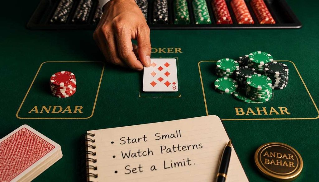 Andar Bahar strategy tips for beginners on green felt table with chips and center card.