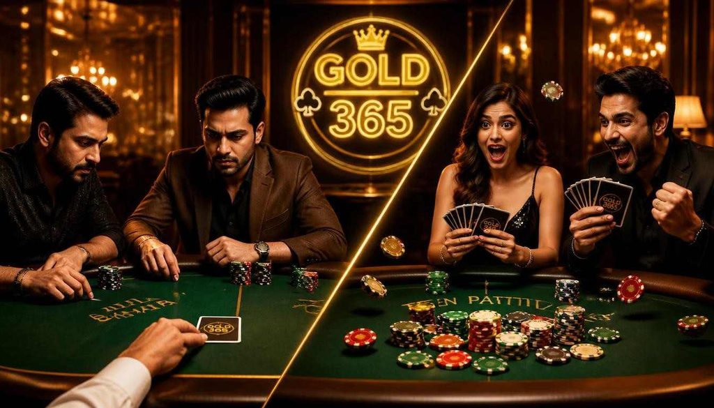 Players battling in Andar Bahar vs Teen Patti with Gold 365 logo